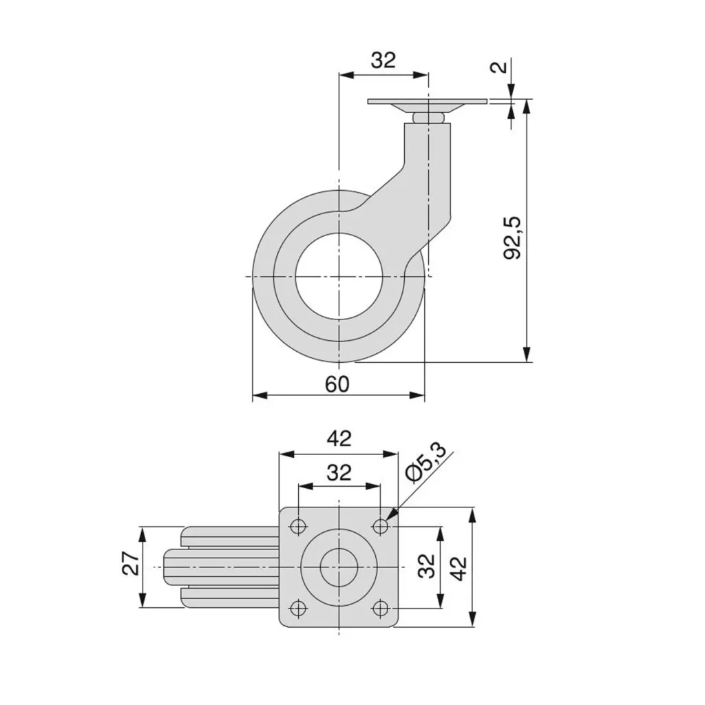 Kółko meblowe obrotowe HOLE 2 60mm zestaw Emuca