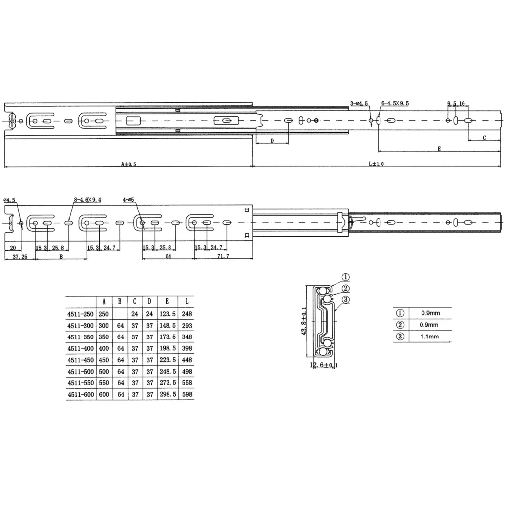 Prowadnica kulkowa do szuflad H-45 A1 Komplet