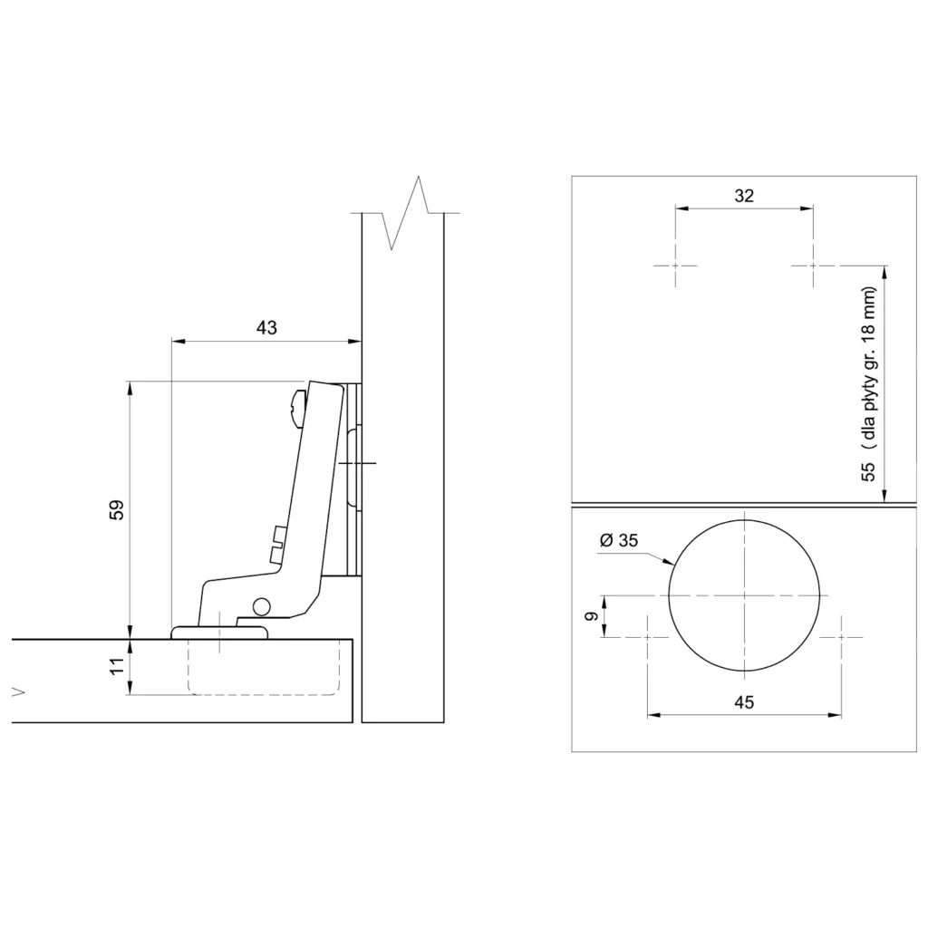 Zawias meblowy wpuszczany AGV 110° + Prowadnik H-0 AMIX