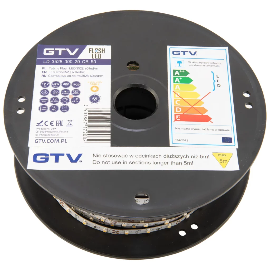 Taśma LED 3528-300 biały ciepły 12V 1m IP20 GTV