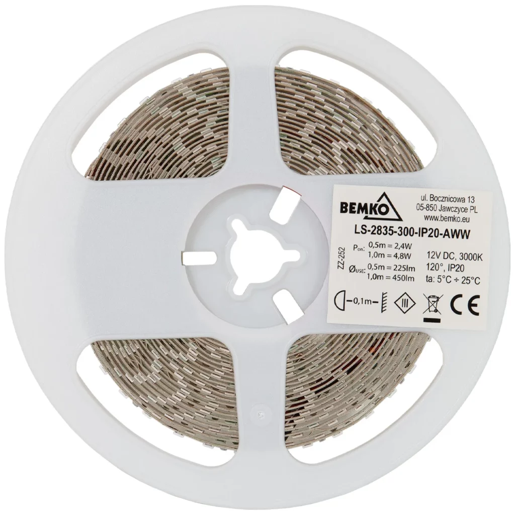 Taśma LED 2835-300 biały ciepły 12V 5m IP20 Bemko