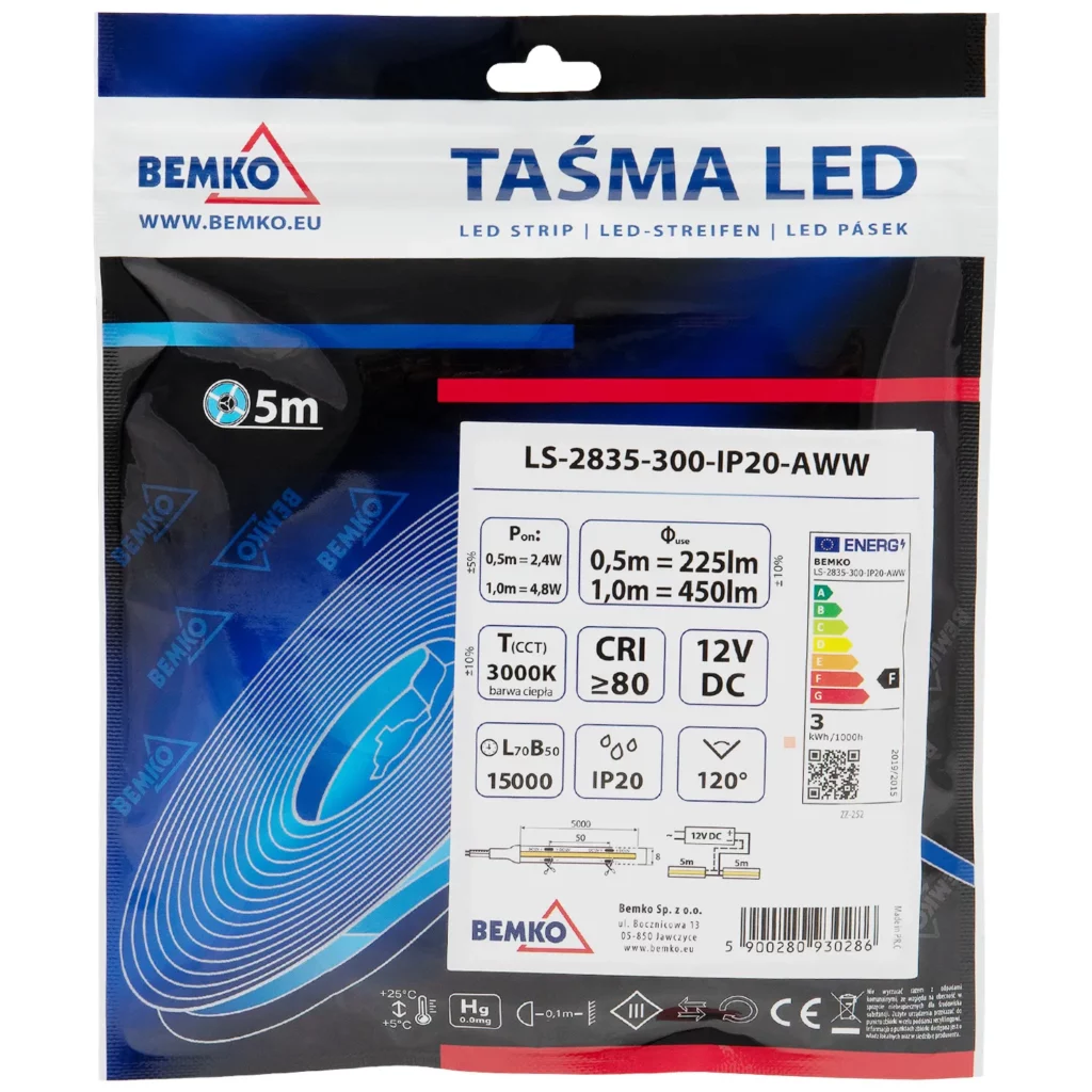 Taśma LED 2835-300 biały ciepły 12V 5m IP20 Bemko