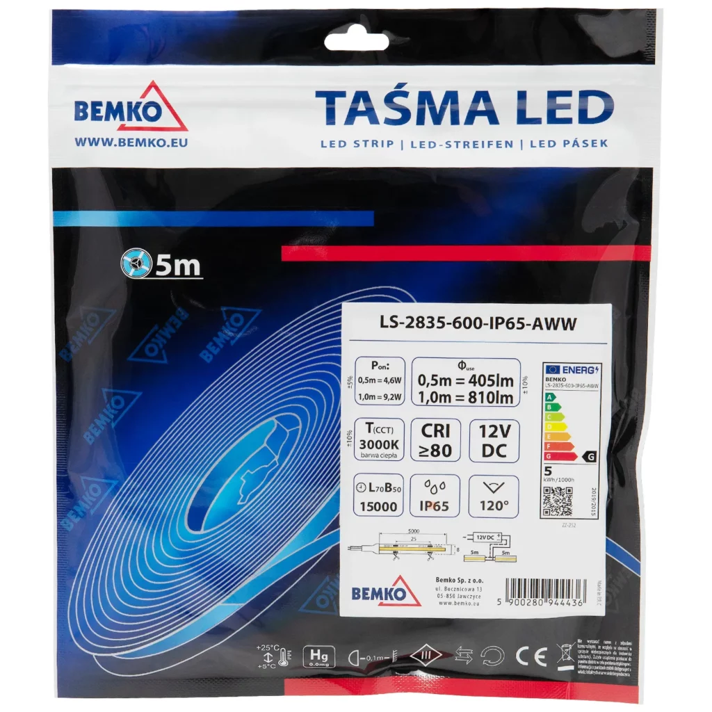 Taśma LED 2835-600 biały ciepły 12V 5m IP65 Bemko