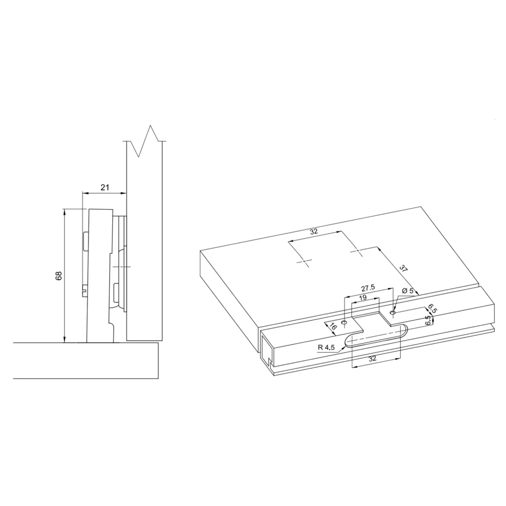 Zawias nakładany do frontów aluminiowych AGV + Prowadnik H-0 AMIX