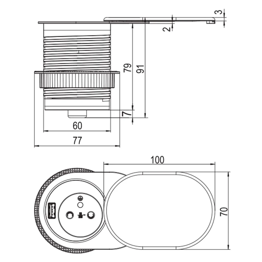 Gniazdo wpuszczane chowane w blat fi 60 ELEKTRIMA SLIDER z USB REJS czarne