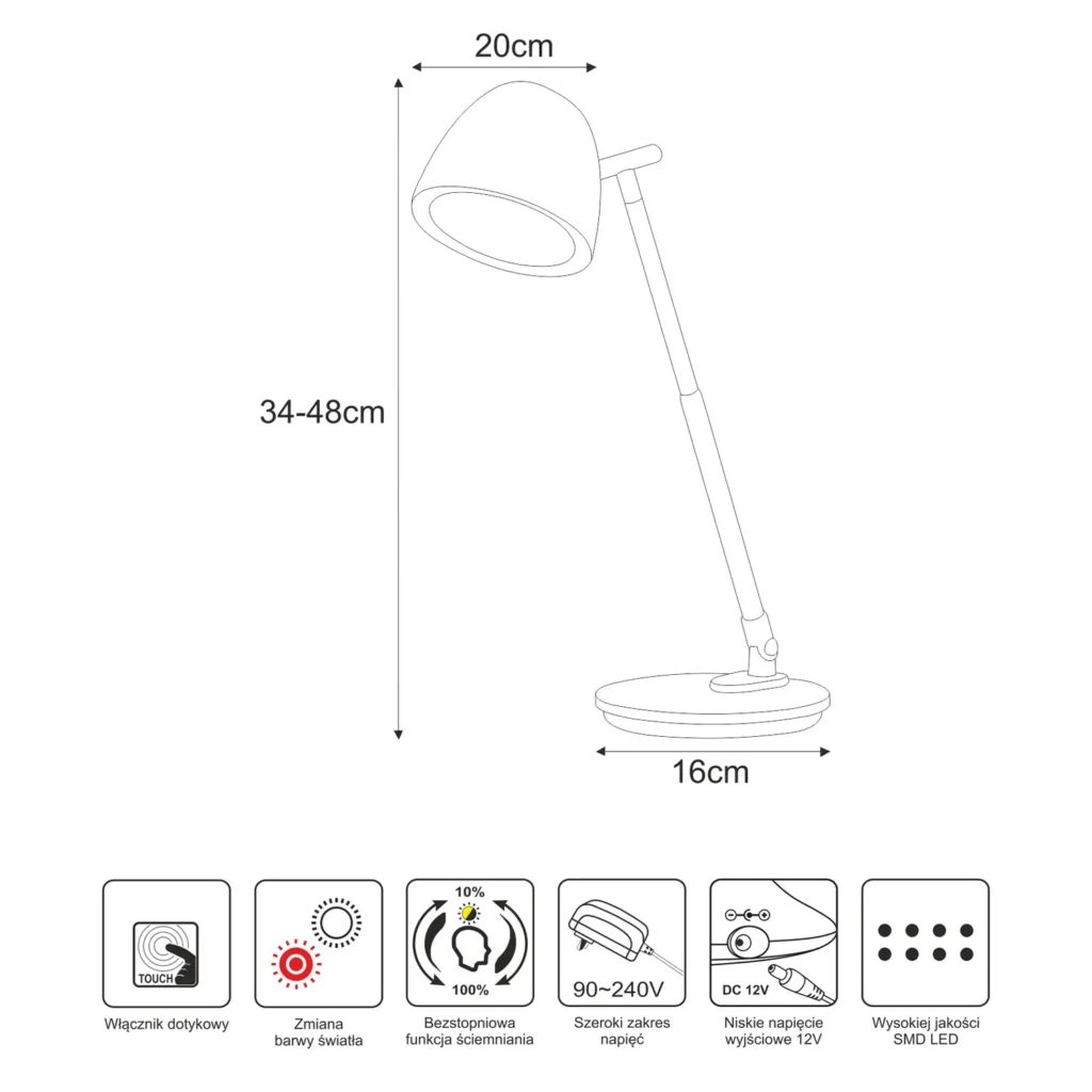 Biała lampka biurkowa, regulowana wysokość K-BL1528 z serii LOLEK