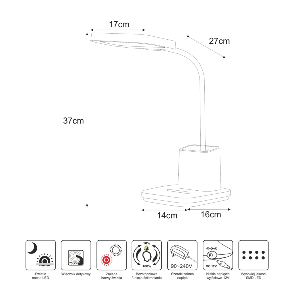 Czarna lampka biurkowa z pojemnikiem na długopisy K-BL1301 z serii TOLA