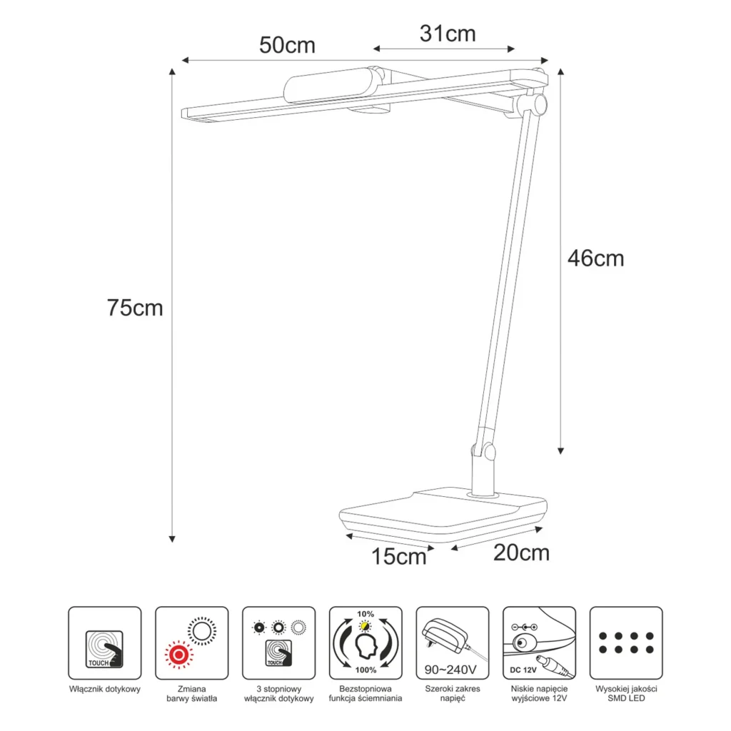 Srebrna lampa biurkowa, kreślarska, LED K-BL1321 z serii ARES