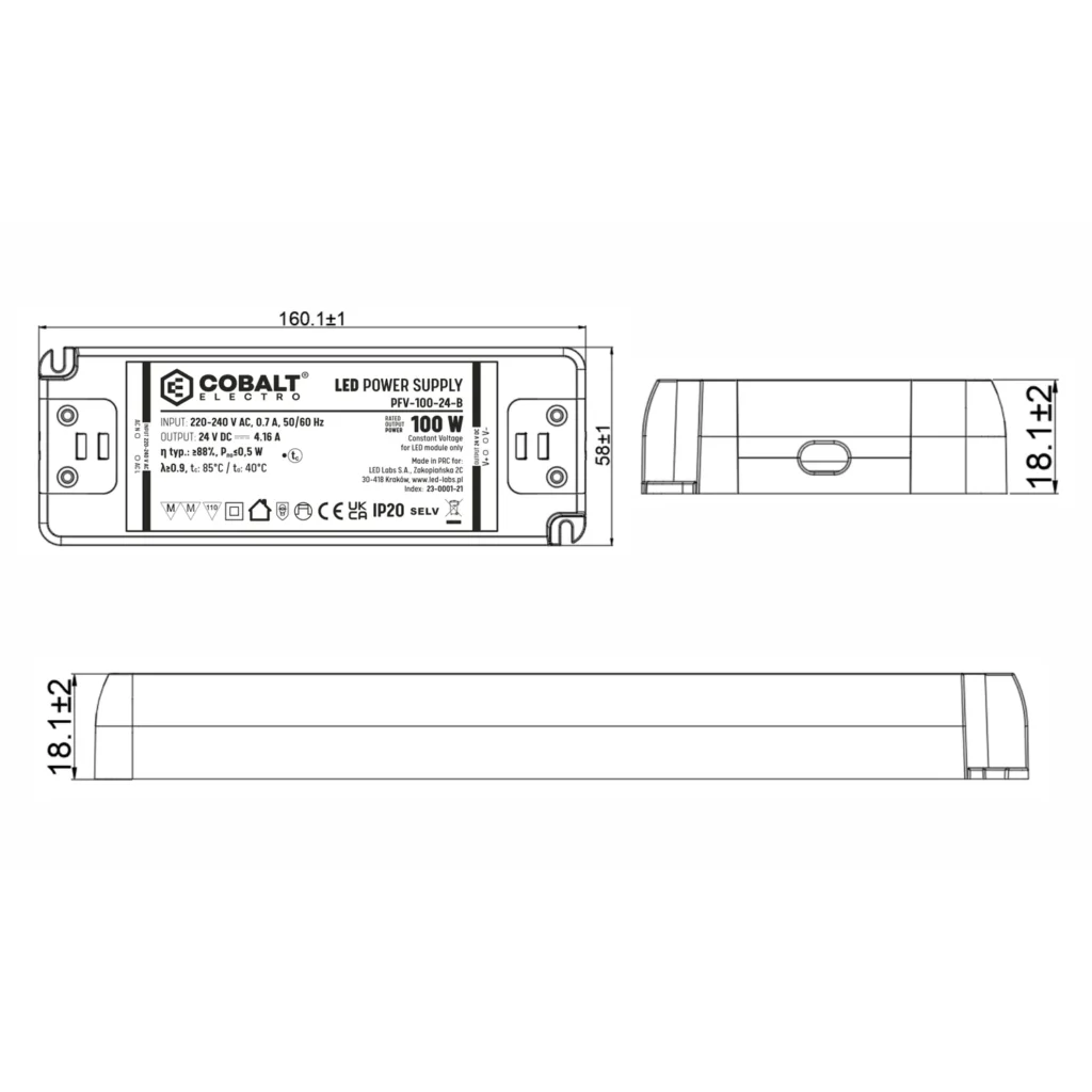 Zasilacz montażowy CobaltElectro do taśm LED 24V 100W IP20 PFV-100-24-B