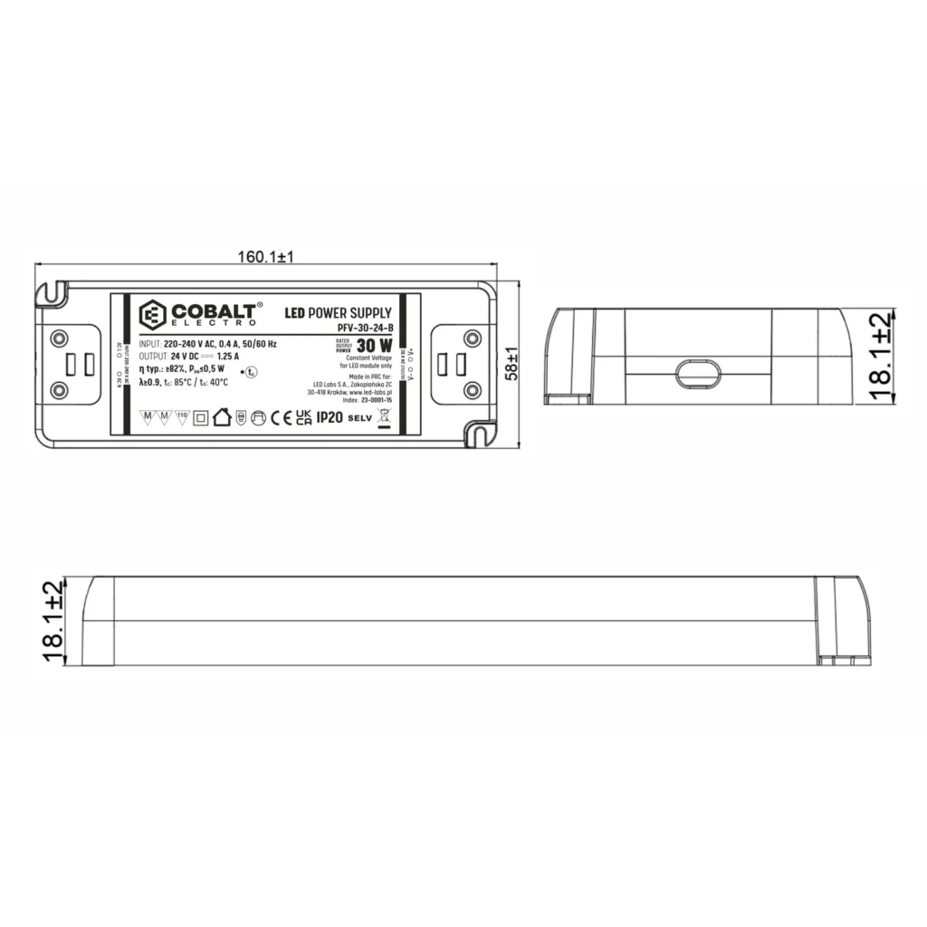 Zasilacz montażowy CobaltElectro do taśm LED 24V 30W IP20 PFV-30-24-B