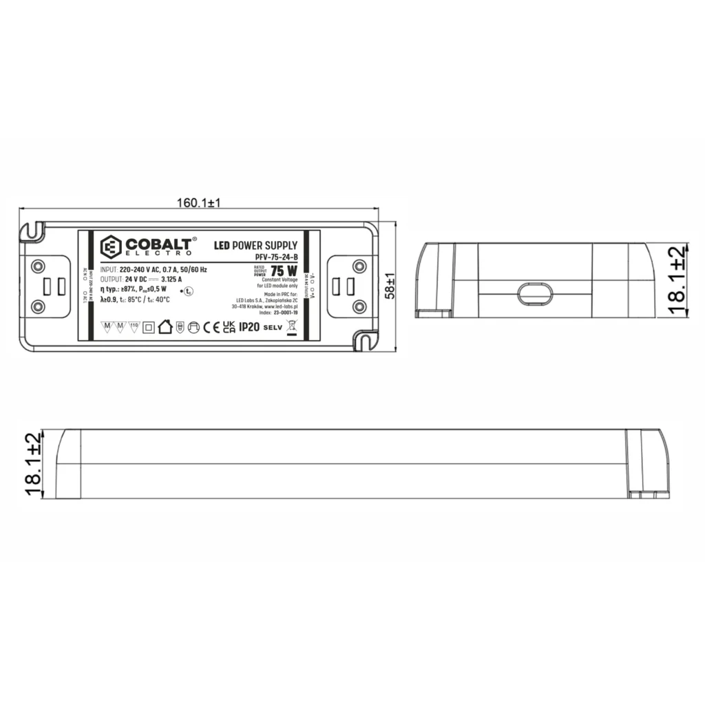 Zasilacz montażowy CobaltElectro do taśm LED 24V 75W IP20 PFV-75-24-B